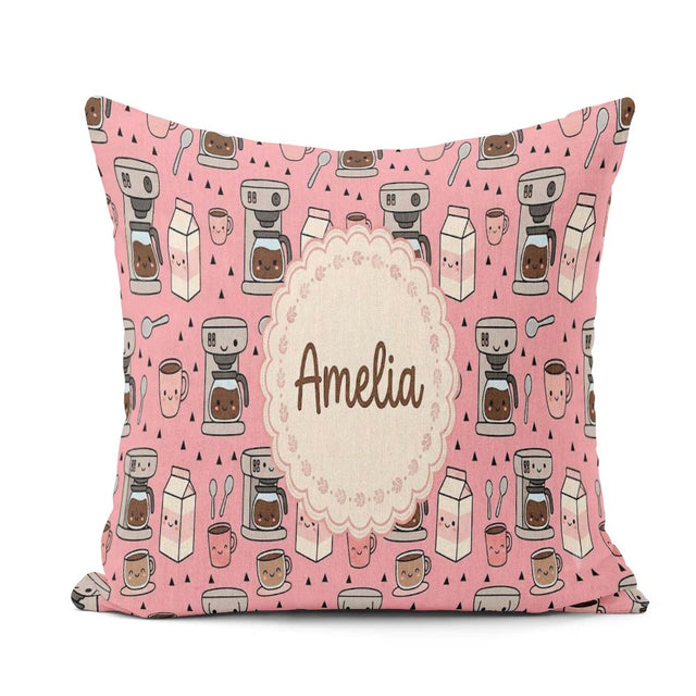 Custom Name Cute Kawaii Maker Cups Milk Pink Background Seamless Square Filled Cushion Throw Pillow Sofa Bed Home Decor Zip Washable UK Made