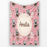 Cute Kawaii Coffee Maker Cups Milk Pink Background Seamless Pattern  Personalised Custom Name Super Soft Fleece Blanket Bed Sofa Throw
