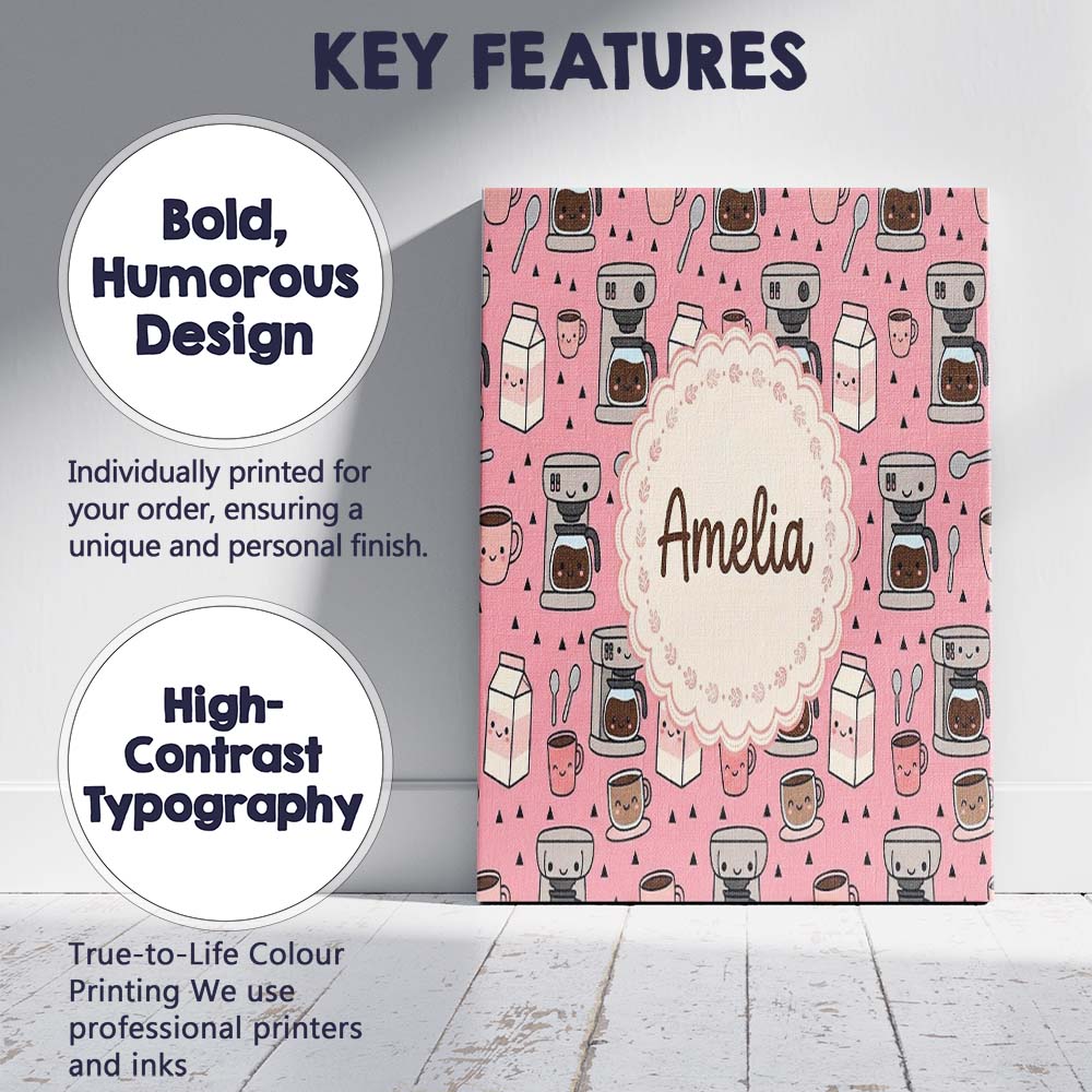 Personalised Name Cute Kawaii Coffee Maker Custom  Unique Gift Idea Elegant Feature Canvas Wall Art Print Decor Picture Ready to Hang