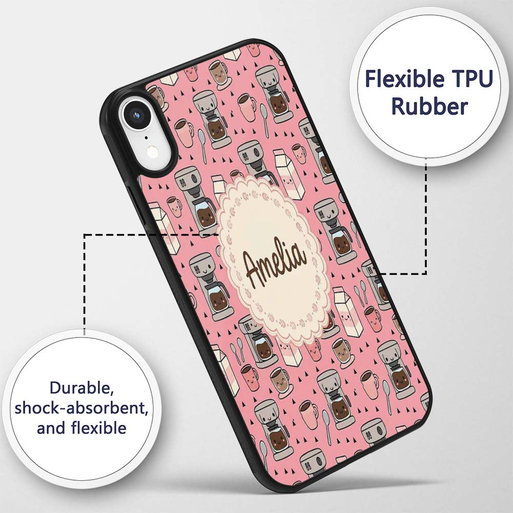 Cute Kawaii Coffee Maker Cups Milk Printed Design Custom Name Protective Phone Case Mobile Cover Durable Everyday Smartphone Shock Resistant