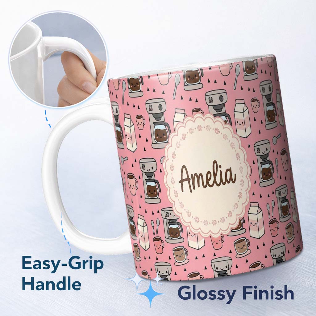 Personalized Custom Name Cute Kawaii Coffee Maker Cups Milk Pink Background Seamless Pattern 11oz Ceramic Coffee Tea Mug White Large Handle