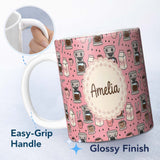 Personalized Custom Name Cute Kawaii Coffee Maker Cups Milk Pink Background Seamless Pattern 11oz Ceramic Coffee Tea Mug White Large Handle