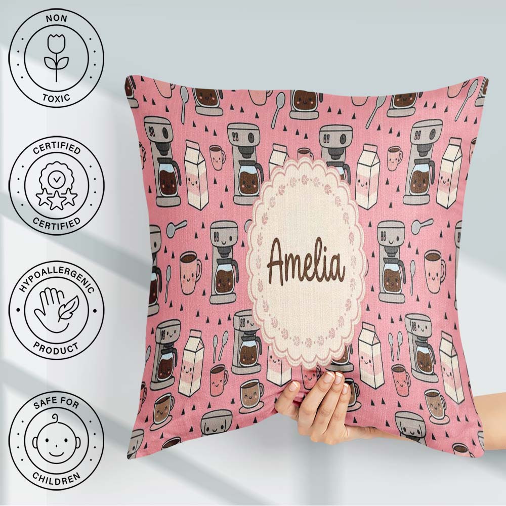 Custom Name Cute Kawaii Maker Cups Milk Pink Background Seamless Square Filled Cushion Throw Pillow Sofa Bed Home Decor Zip Washable UK Made