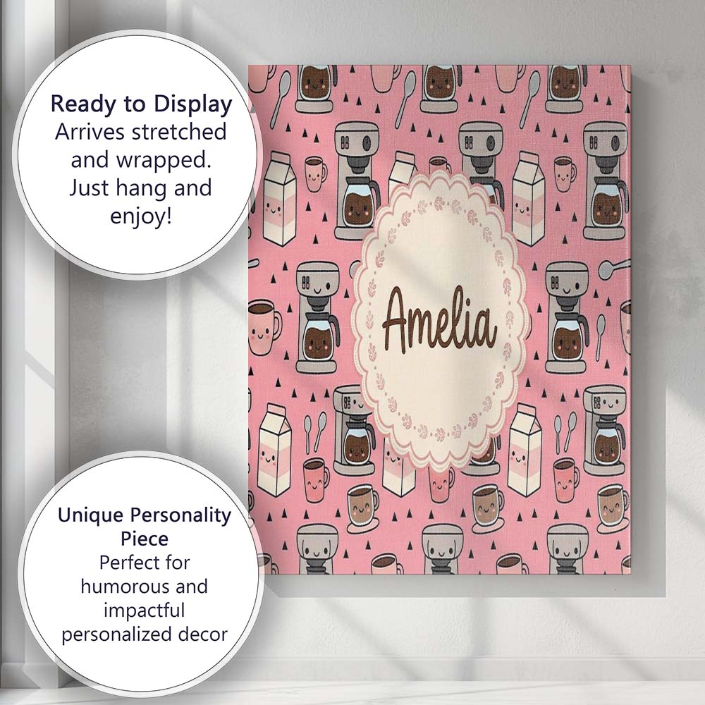 Personalised Name Cute Kawaii Coffee Maker Custom  Unique Gift Idea Elegant Feature Canvas Wall Art Print Decor Picture Ready to Hang