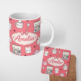 Personalized Custom Name Cute Kawaii Coffee Maker Cups Milk Red Background Seamless Pattern 11oz Ceramic Coffee Tea Mug White Large Handle