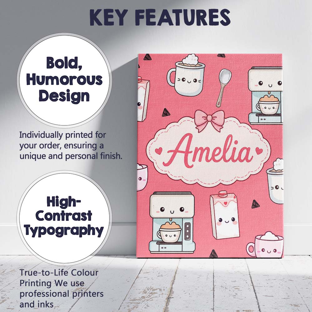 Personalised Name Cute Kawaii Coffee Maker Custom  Unique Gift Idea Elegant Feature Canvas Wall Art Print Decor Picture Ready to Hang