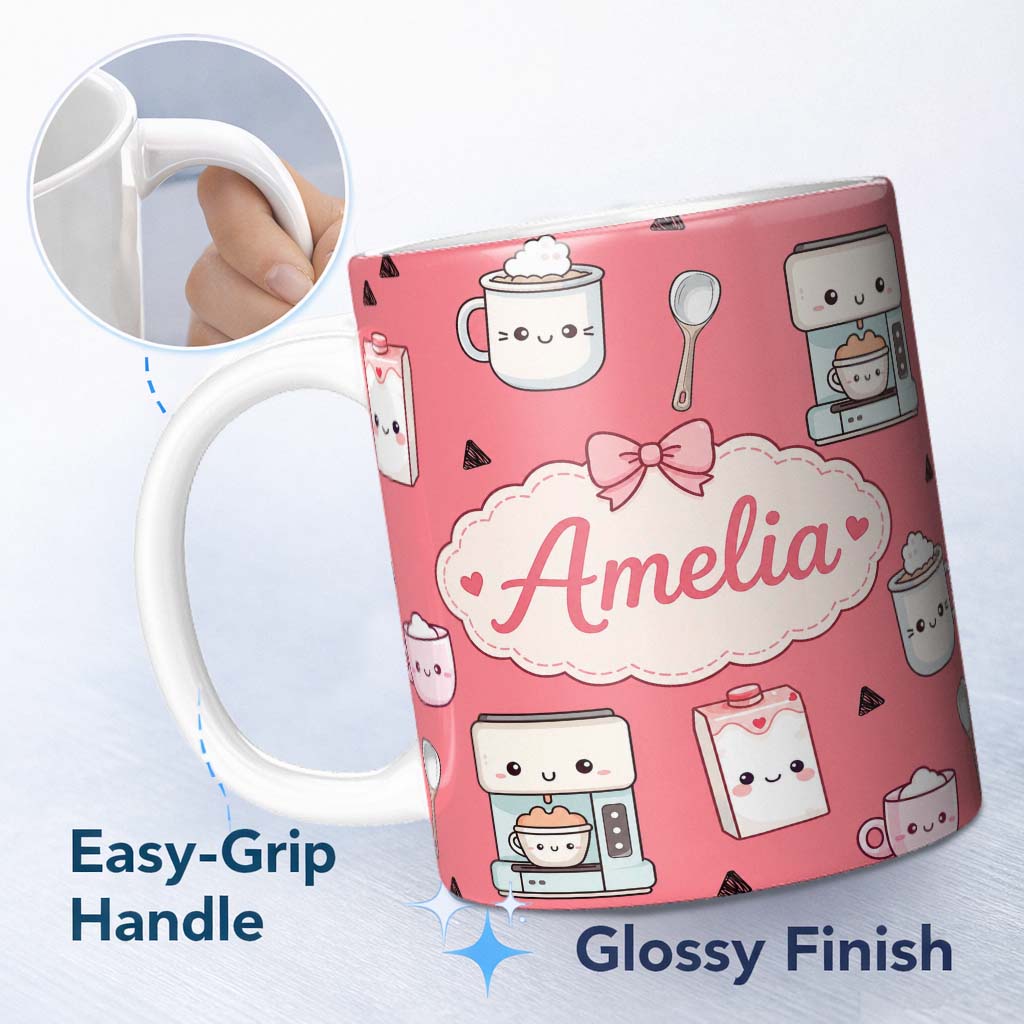 Personalized Custom Name Cute Kawaii Coffee Maker Cups Milk Red Background Seamless Pattern 11oz Ceramic Coffee Tea Mug White Large Handle