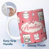 Personalized Custom Name Cute Kawaii Coffee Maker Cups Milk Red Background Seamless Pattern 11oz Ceramic Coffee Tea Mug White Large Handle