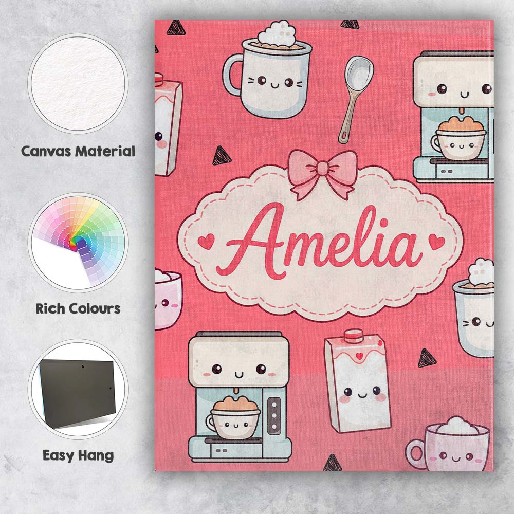 Personalised Name Cute Kawaii Coffee Maker Custom  Unique Gift Idea Elegant Feature Canvas Wall Art Print Decor Picture Ready to Hang