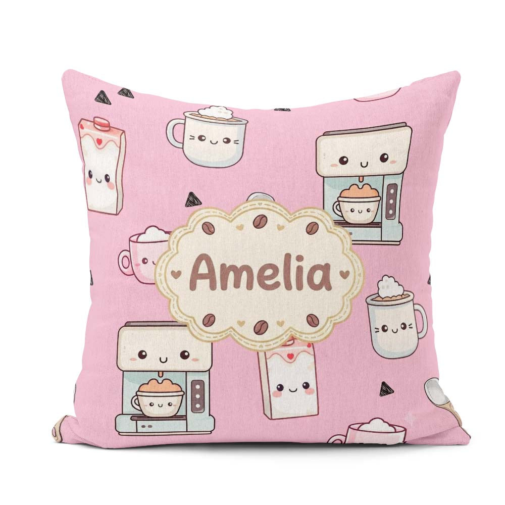 Custom Name Cute Kawaii Maker Cups Milk Pink Background Seamless Square Filled Cushion Throw Pillow Sofa Bed Home Decor Zip Washable UK Made