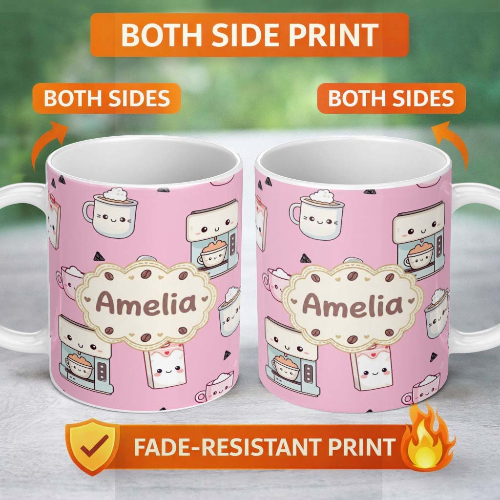 Personalized Custom Name Cute Kawaii Coffee Maker Cups Milk Pink Background Seamless Pattern 11oz Ceramic Coffee Tea Mug White Large Handle