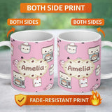 Personalized Custom Name Cute Kawaii Coffee Maker Cups Milk Pink Background Seamless Pattern 11oz Ceramic Coffee Tea Mug White Large Handle