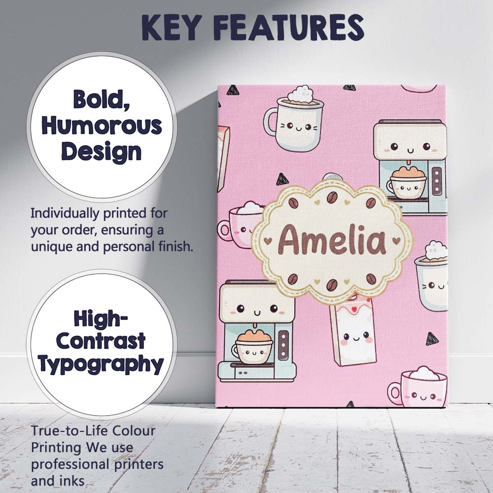 Personalised Name Cute Kawaii Coffee Maker Custom  Unique Gift Idea Elegant Feature Canvas Wall Art Print Decor Picture Ready to Hang