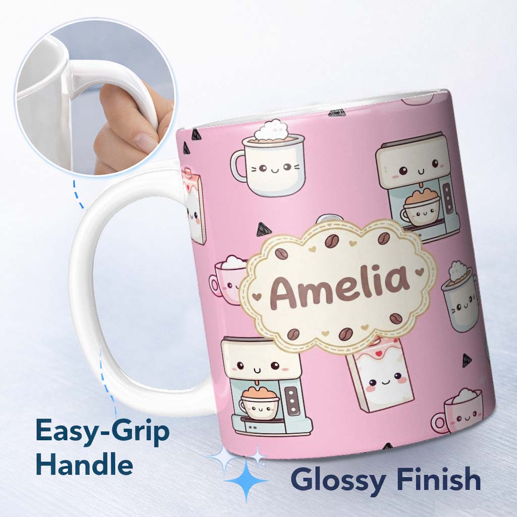 Personalized Custom Name Cute Kawaii Coffee Maker Cups Milk Pink Background Seamless Pattern 11oz Ceramic Coffee Tea Mug White Large Handle