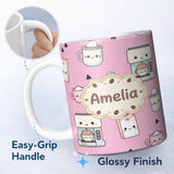 Personalized Custom Name Cute Kawaii Coffee Maker Cups Milk Pink Background Seamless Pattern 11oz Ceramic Coffee Tea Mug White Large Handle