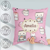 Custom Name Cute Kawaii Maker Cups Milk Pink Background Seamless Square Filled Cushion Throw Pillow Sofa Bed Home Decor Zip Washable UK Made