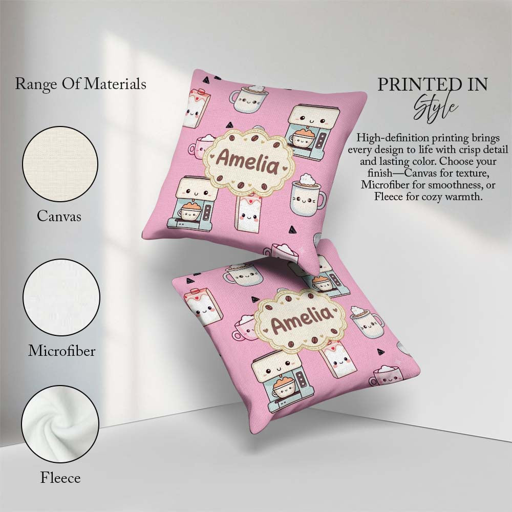 Custom Name Cute Kawaii Maker Cups Milk Pink Background Seamless Square Filled Cushion Throw Pillow Sofa Bed Home Decor Zip Washable UK Made