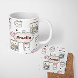 Personalized Custom Name Cute Kawaii Coffee Maker Cups Milk Grey Background Seamless Pattern 11oz Ceramic Coffee Tea Mug White Large Handle