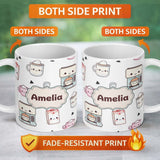 Personalized Custom Name Cute Kawaii Coffee Maker Cups Milk Grey Background Seamless Pattern 11oz Ceramic Coffee Tea Mug White Large Handle