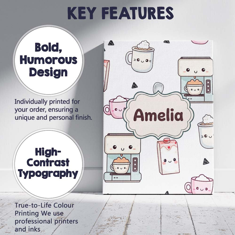 Personalised Name Cute Kawaii Coffee Maker Custom  Unique Gift Idea Elegant Feature Canvas Wall Art Print Decor Picture Ready to Hang