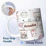 Personalized Custom Name Cute Kawaii Coffee Maker Cups Milk Grey Background Seamless Pattern 11oz Ceramic Coffee Tea Mug White Large Handle