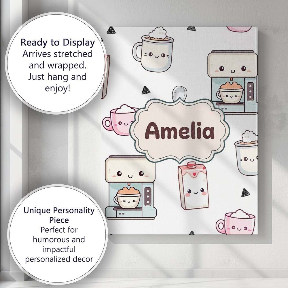 Personalised Name Cute Kawaii Coffee Maker Custom  Unique Gift Idea Elegant Feature Canvas Wall Art Print Decor Picture Ready to Hang