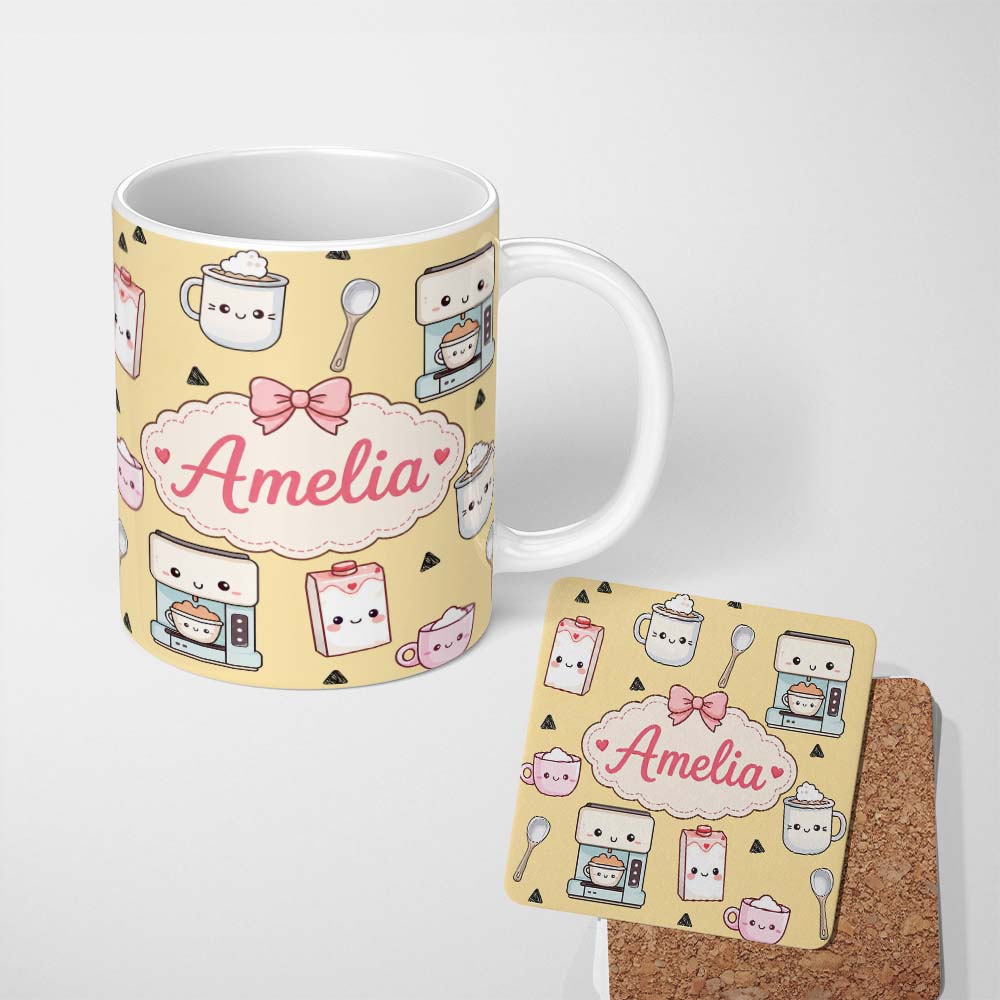 Personalized Custom Name Cute Kawaii Coffee Maker Cups Milk Yellow Background Seamless 11oz Ceramic Coffee Tea Mug White Large Handle