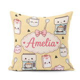 Custom Name Kawaii Maker Cups Milk Yellow Background Seamless Square Filled Cushion Throw Pillow Sofa Bed Home Decor Zip Washable UK Made