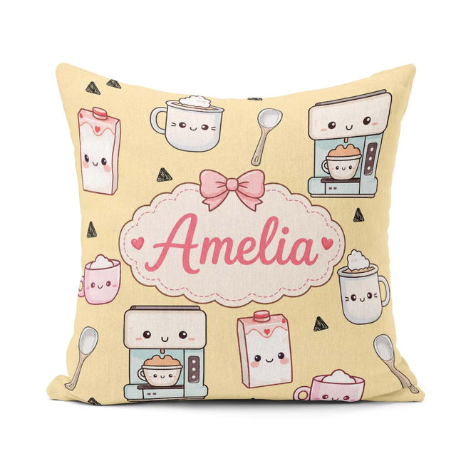 Custom Name Kawaii Maker Cups Milk Yellow Background Seamless Square Filled Cushion Throw Pillow Sofa Bed Home Decor Zip Washable UK Made