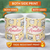 Personalized Custom Name Cute Kawaii Coffee Maker Cups Milk Yellow Background Seamless 11oz Ceramic Coffee Tea Mug White Large Handle