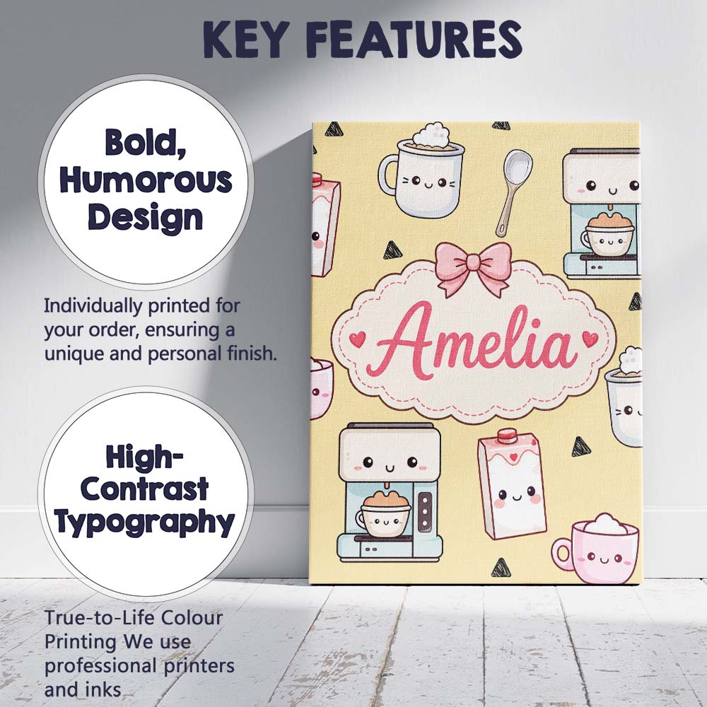 Personalised Name Cute Kawaii Coffee Maker Custom  Unique Gift Idea Elegant Feature Canvas Wall Art Print Decor Picture Ready to Hang