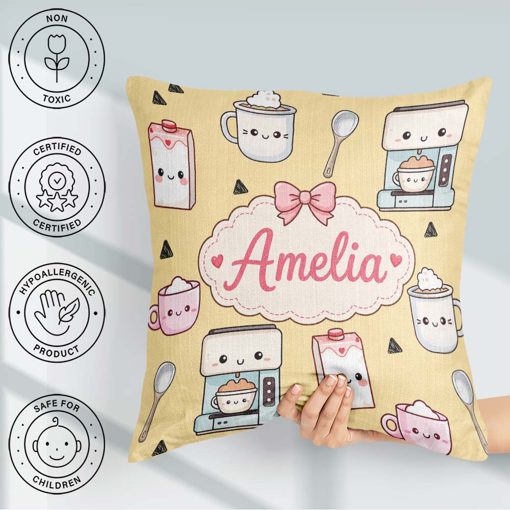 Custom Name Kawaii Maker Cups Milk Yellow Background Seamless Square Filled Cushion Throw Pillow Sofa Bed Home Decor Zip Washable UK Made