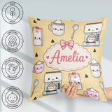 Custom Name Kawaii Maker Cups Milk Yellow Background Seamless Square Filled Cushion Throw Pillow Sofa Bed Home Decor Zip Washable UK Made