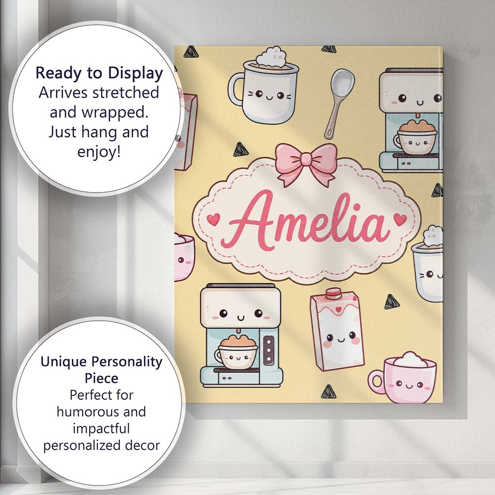 Personalised Name Cute Kawaii Coffee Maker Custom  Unique Gift Idea Elegant Feature Canvas Wall Art Print Decor Picture Ready to Hang
