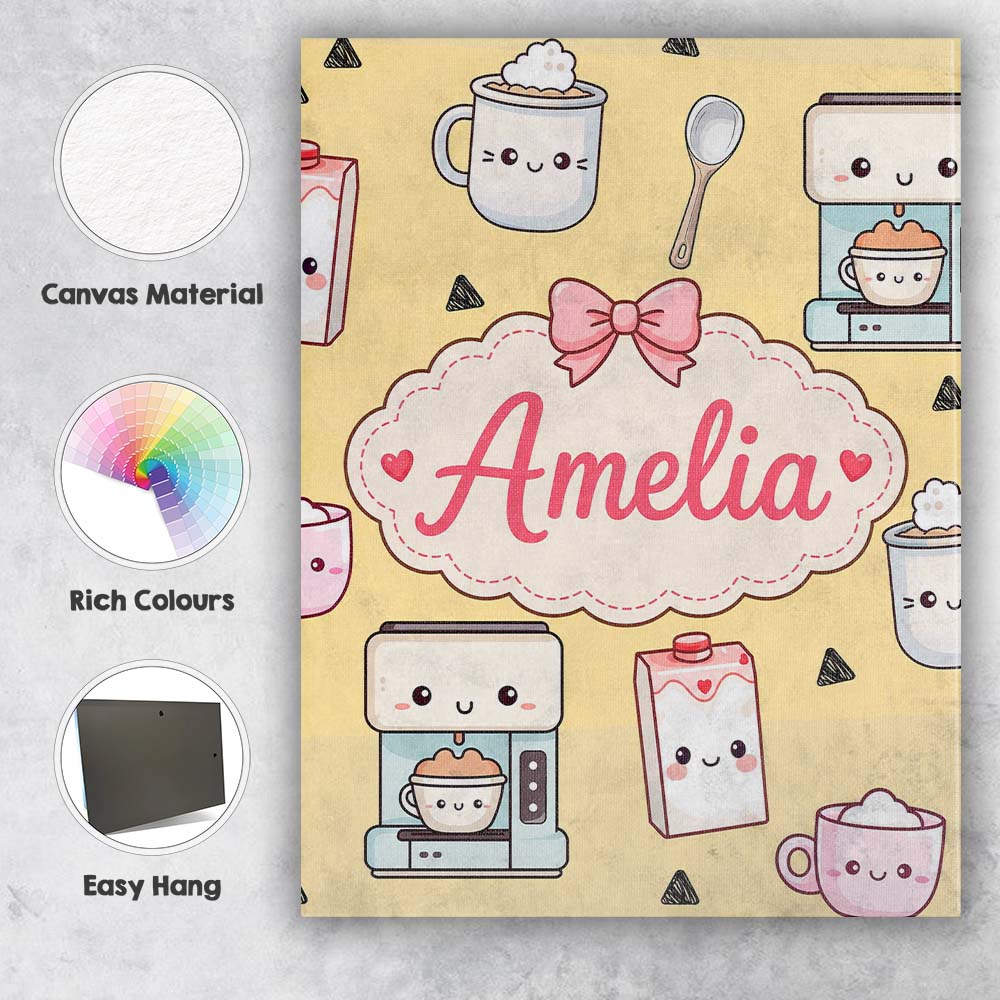 Personalised Name Cute Kawaii Coffee Maker Custom  Unique Gift Idea Elegant Feature Canvas Wall Art Print Decor Picture Ready to Hang