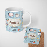 Personalized Custom Name Cute Kawaii Mixer Kettle Cups Fruit Blue Background Seamless 11oz Ceramic Coffee Tea Mug White Large Handle