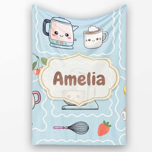 Cute Kawaii Mixer Kettle Cups Fruit Blue Background Seamless  Personalised Custom Name Super Soft Fleece Blanket Bed Sofa Throw