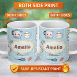 Personalized Custom Name Cute Kawaii Mixer Kettle Cups Fruit Blue Background Seamless 11oz Ceramic Coffee Tea Mug White Large Handle