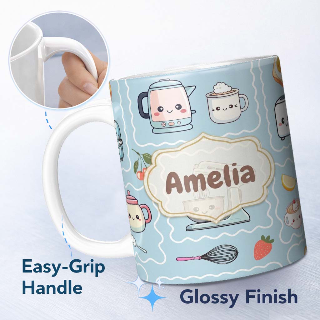 Personalized Custom Name Cute Kawaii Mixer Kettle Cups Fruit Blue Background Seamless 11oz Ceramic Coffee Tea Mug White Large Handle