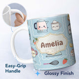 Personalized Custom Name Cute Kawaii Mixer Kettle Cups Fruit Blue Background Seamless 11oz Ceramic Coffee Tea Mug White Large Handle