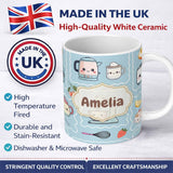 Personalized Custom Name Cute Kawaii Mixer Kettle Cups Fruit Blue Background Seamless 11oz Ceramic Coffee Tea Mug White Large Handle