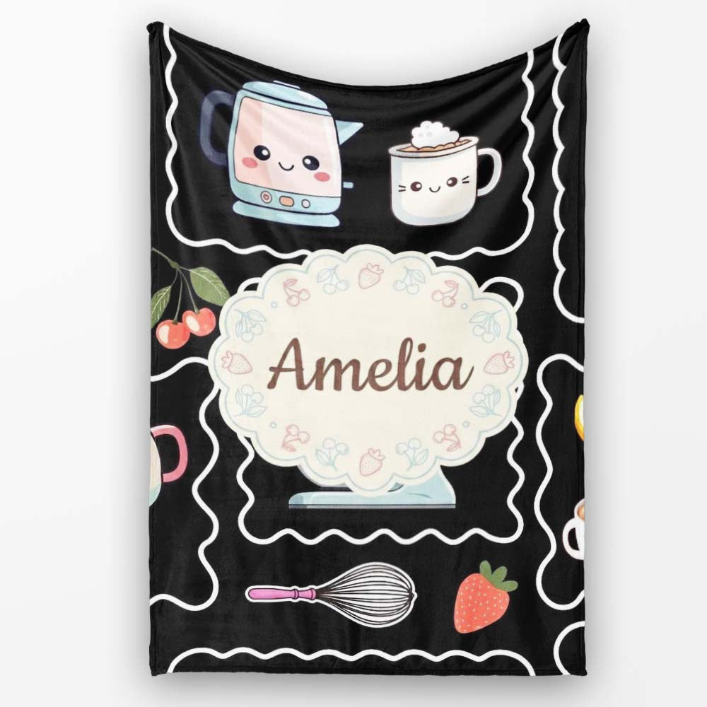 Cute Kawaii Mixer Kettle Cups Fruit Black Background Seamless  Personalised Custom Name Super Soft Fleece Blanket Bed Sofa Throw
