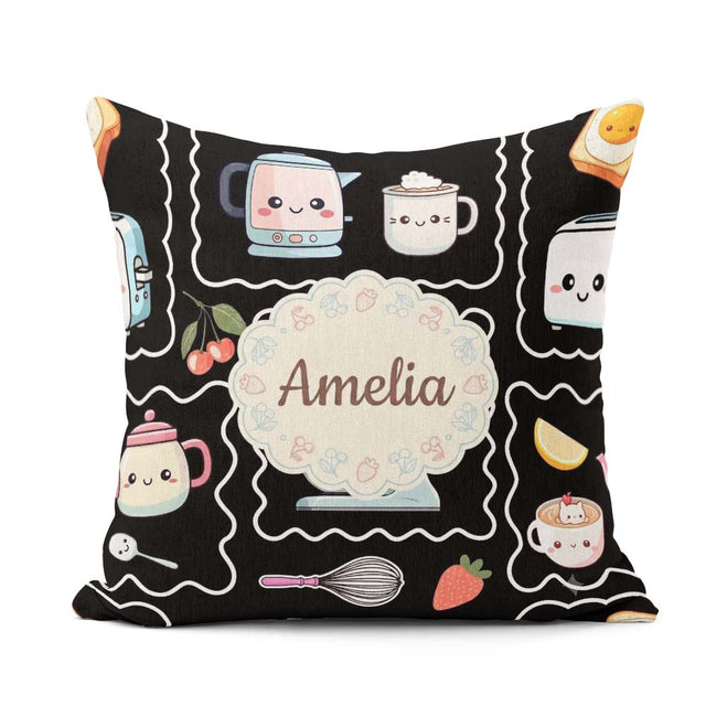 Custom Name Cute Kawaii Mixer Kettle Cups Fruit Black Background Square Filled Cushion Throw Pillow Sofa Bed Home Decor Zip Washable UK Made