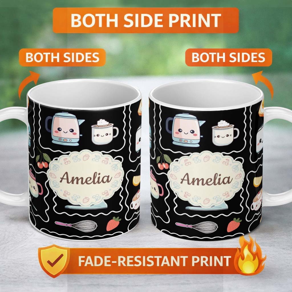 Personalized Custom Name Cute Kawaii Mixer Kettle Cups Fruit Black Background Seamless 11oz Ceramic Coffee Tea Mug White Large Handle
