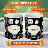Personalized Custom Name Cute Kawaii Mixer Kettle Cups Fruit Black Background Seamless 11oz Ceramic Coffee Tea Mug White Large Handle