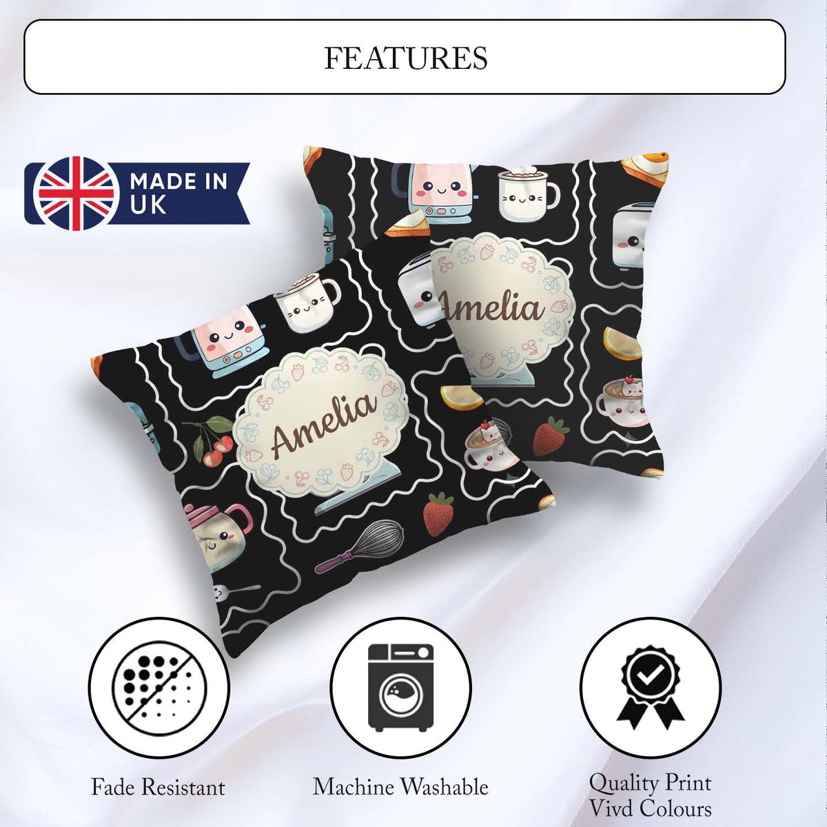 Custom Name Cute Kawaii Mixer Kettle Cups Fruit Black Background Square Filled Cushion Throw Pillow Sofa Bed Home Decor Zip Washable UK Made