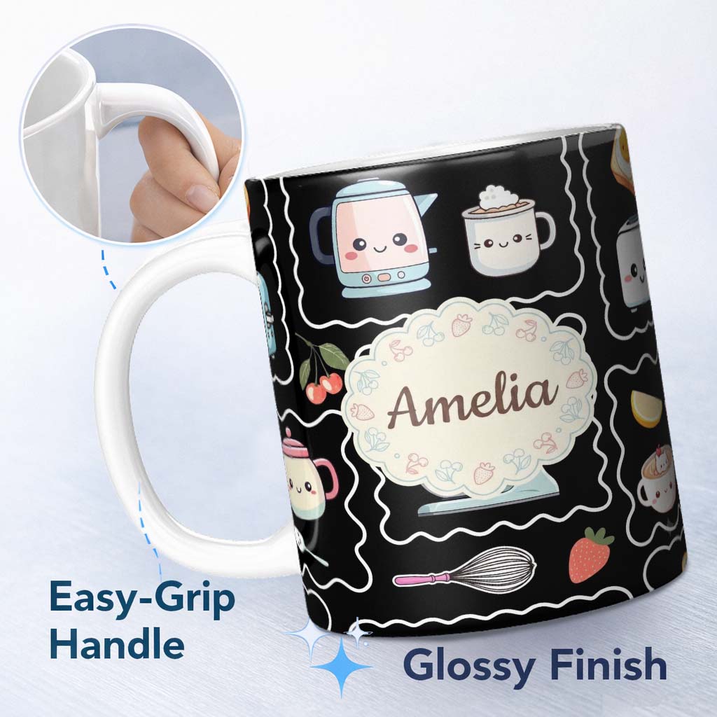 Personalized Custom Name Cute Kawaii Mixer Kettle Cups Fruit Black Background Seamless 11oz Ceramic Coffee Tea Mug White Large Handle