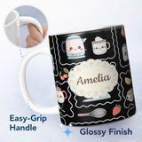 Personalized Custom Name Cute Kawaii Mixer Kettle Cups Fruit Black Background Seamless 11oz Ceramic Coffee Tea Mug White Large Handle