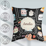 Custom Name Cute Kawaii Mixer Kettle Cups Fruit Black Background Square Filled Cushion Throw Pillow Sofa Bed Home Decor Zip Washable UK Made