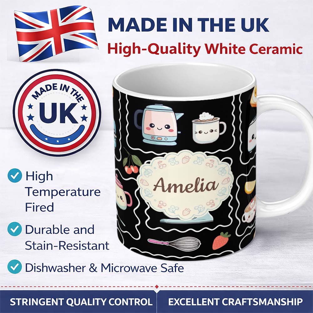 Personalized Custom Name Cute Kawaii Mixer Kettle Cups Fruit Black Background Seamless 11oz Ceramic Coffee Tea Mug White Large Handle